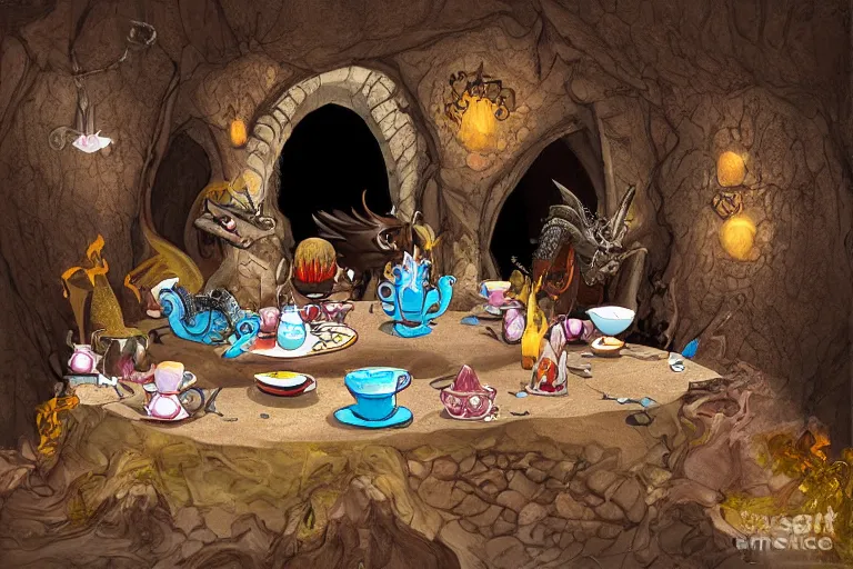 Prompt: a dragon tea party in a desert cave, digital art