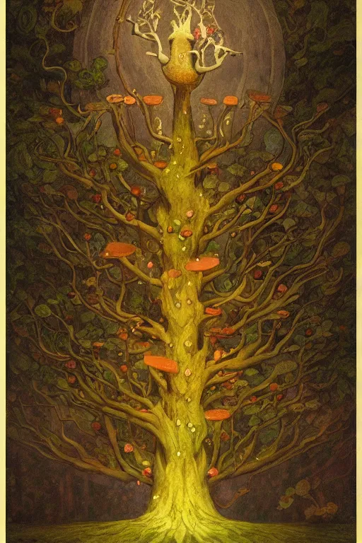 Image similar to Yggdrasil the tree of life by Shaun Tan and Hiroshi Yoshida, trending on artstation