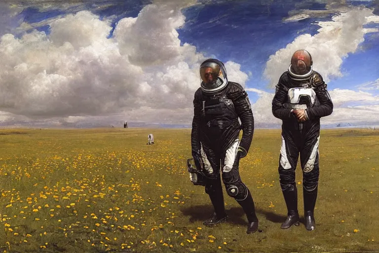 Prompt: sad portrait of an astronaut & a xenomorph in a meadow by sir john everett millais, photorealistic, hyperdetailed, ethereal, masterpiece, oil painting