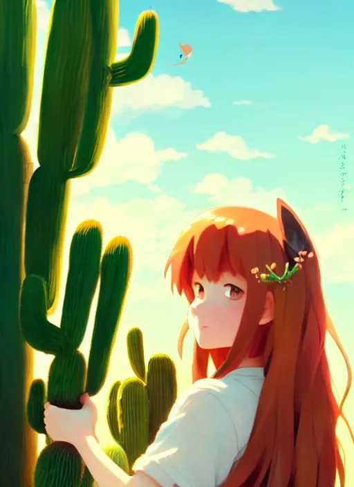 Prompt: portrait of cute redhead girl with fox ears, holding a cactus, cloudy sky background lush landscape illustration concept art anime key visual trending pixiv fanbox by wlop and greg rutkowski and makoto shinkai and studio ghibli