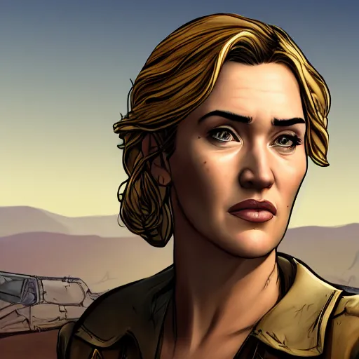 Image similar to kate winslet portrait, borderlands, tales from the borderlands, the wolf among us, comic, cinematic lighting, studio quality, 8 k