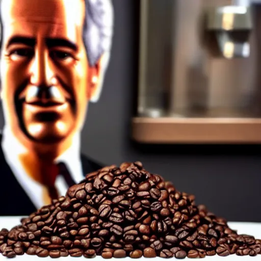 Image similar to A bag of coffee beans with Jeffrey Epstein depicted on the front