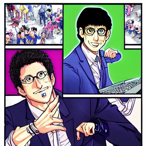 Image similar to Andy Samberg in the style of Yoshihiro Togashi from Hunter x Hunter, manga, high detail