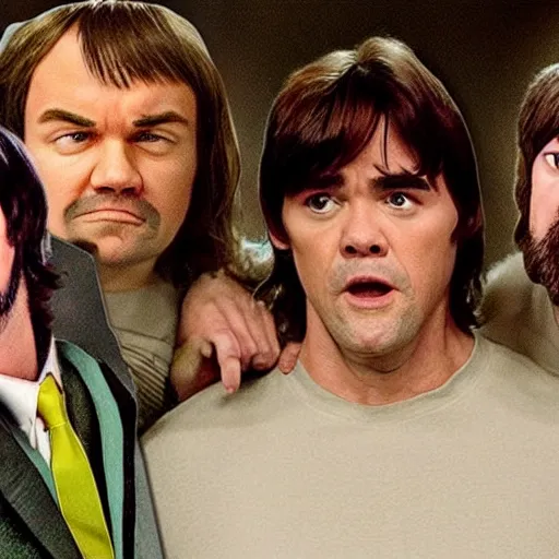 Prompt: realistic vfx of kevin heart, jack black, the rock and jim carrey as the beatles