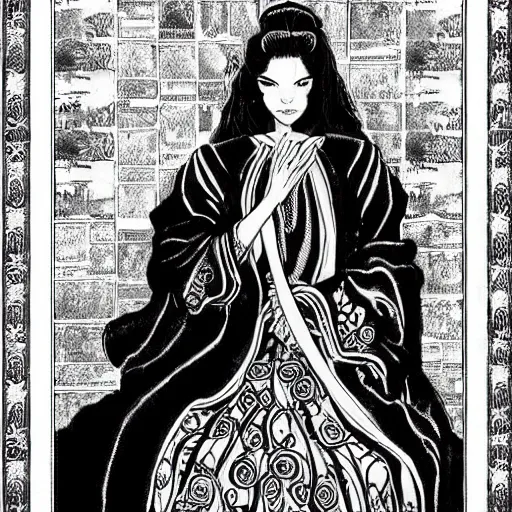 Image similar to black and white pen and ink!!!!!!! Suprani!!!!! wizard beautiful long hair Anya Taylor-Joy wearing High Royal flower print robes flaming!!!! final form flowing ritual royal!!! Contemplative stance Vagabond!!!!!!!! floating magic swordsman!!!! glides through a beautiful!!!!!!! Camellia!!!! Tsubaki!!! death-flower!!!! battlefield behind!!!! dramatic esoteric!!!!!! Long hair flowing dancing illustrated in high detail!!!!!!!! by Hiroya Oku!!!!!!!!! graphic novel published on 2049 award winning!!!! full body portrait!!!!! action exposition manga panel black and white Shonen Jump issue by David Lynch eraserhead and beautiful line art Hirohiko Araki!! Frank Miller, Kentaro Miura!, Jojo's Bizzare Adventure!!!! 3 sequential art golden ratio technical perspective panels horizontal per page