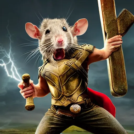 Prompt: the rat thor ~ holding his hammer ~ dramatic thunder background ~ fighting scene ~