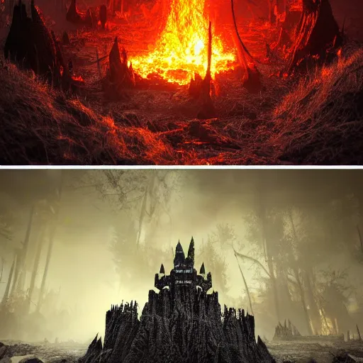 Image similar to hyperrealistic photograph of the black castle of rotbog swamp burned to the ground, fire, giant bones, dim volumetric lighting, octane beautifully detailed render, extremely hyper detailed, intricate, epic composition, cinematic lighting, masterpiece, trending on artstation, very detailed, stunning, hdr, smooth, sharp focus, high resolution, award, winning photo