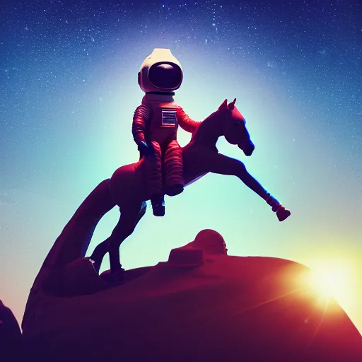 Image similar to photography of anthropomorphic horse men riding an astronaut back. from western by hiroyuki okiura and katsuhiro otomo and alejandro hodorovski style with many details by mike winkelmann and vincent di fate in sci - fi style. volumetric natural light photo on dsmc 3 system,