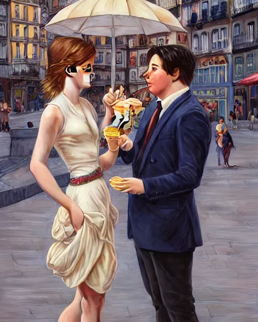 Image similar to Portrait of Michael Mcintyre & blonde Emma Watson eating ice creams in Porto,real life skin, intricate, elegant, highly detailed, artstation, concept art, smooth, sharp focus, art by artgerm and greg rutkowski and alphonse mucha