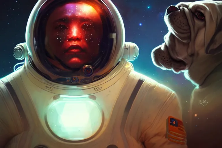 Prompt: portrait of a futuristic bulldog in a spacesuit, a nebula supernova in space, portrait, intricate, digital painting, artstation, concept art, smooth, sharp focus, illustration, cinematic lighting, art by artgerm and greg rutkowski and alphonse mucha