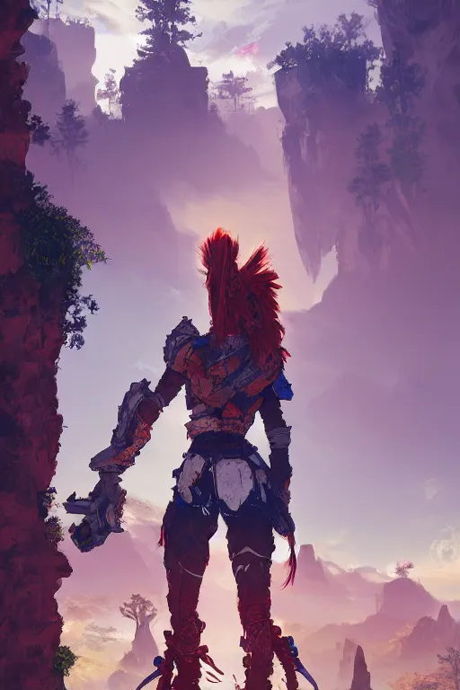 Image similar to combination suit armor aloy horizon forbidden west horizon zero dawn radiating a glowing aura global illumination ray tracing hdr fanart arstation by ian pesty and alena aenami artworks in 4 k tribal robot ninja mask helmet backpack