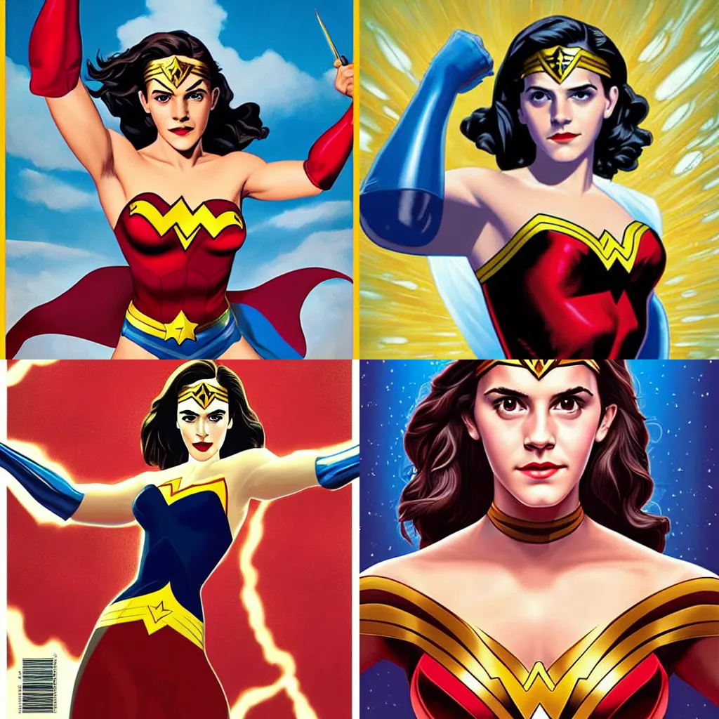 Prompt: we can do it emma watson as wonder woman wearing royal mantle illustration by alex gross by alex ross by Greg Land by J. Howard Miller digital painting comic book superheroes