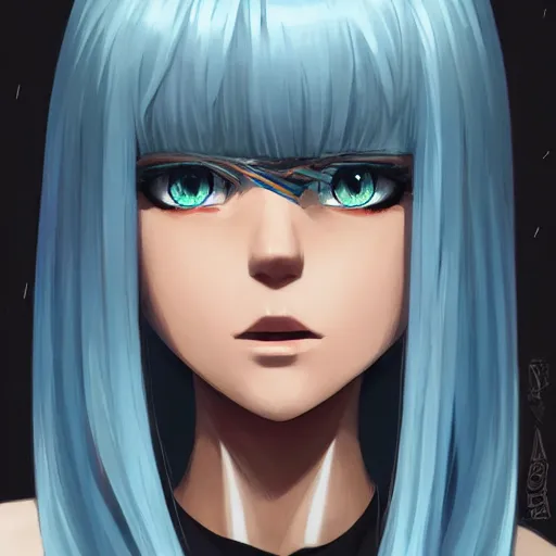 Image similar to profile shot of rimuru tempest, sky blue hair, straight hair, pretty, long bangs, amber eyes, all black jacket with white stripes, high collar, highly detailed, unreal engine 5, color block, digital painting, concept art, cinematic, wlop | artgerm, pixiv, greg rutkowski, ilya kuvshinov, andy warhol