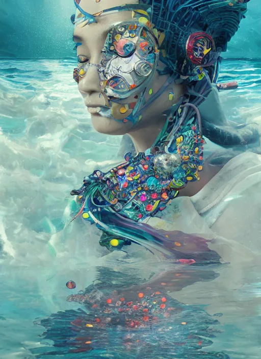 Prompt: portrait of a futuristic geisha cyborg in the ocean surrounded by little colorful fish, modern fine art, fractal, intricate, elegant, highly detailed, digital photography, subsurface scattering, by jheronimus bosch and greg rutkowski,