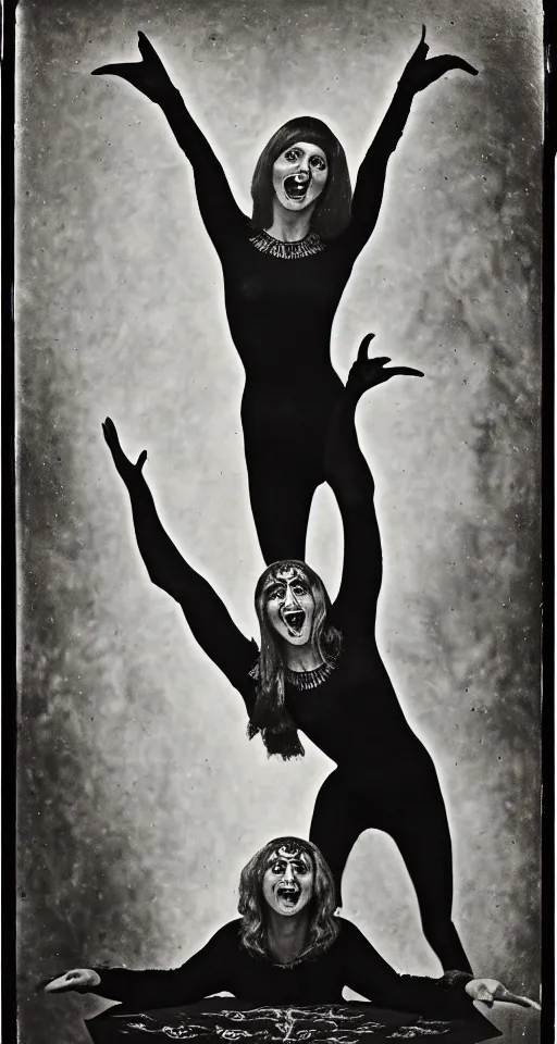 Prompt: wet plate photograph, portrait of Olivia Newton John cheerfully performing satanic occult dance rituals, Aleister Crowley illustrations on graph paper in the background, 1850