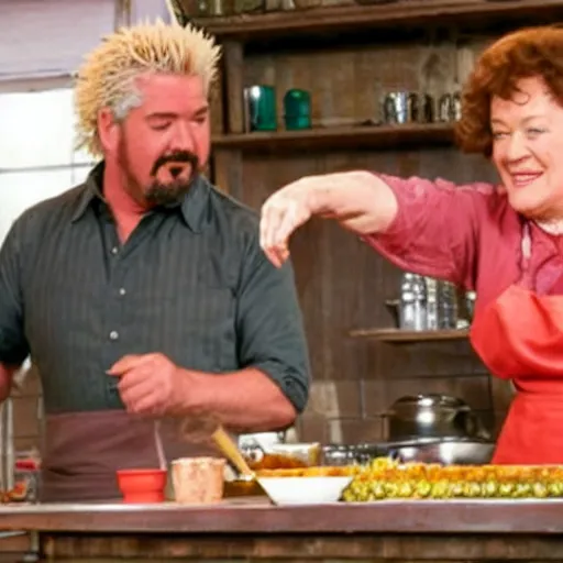 Image similar to movie still of julia child and guy fieri cooking show