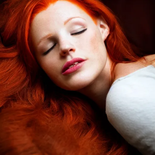 Prompt: redhead queen dreaming of her man, photograph,