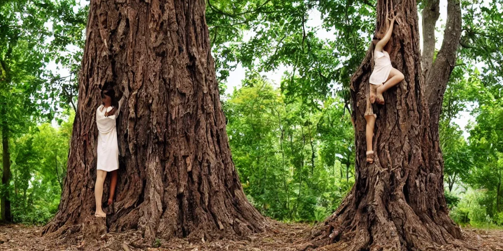 Prompt: a tree hugging a person