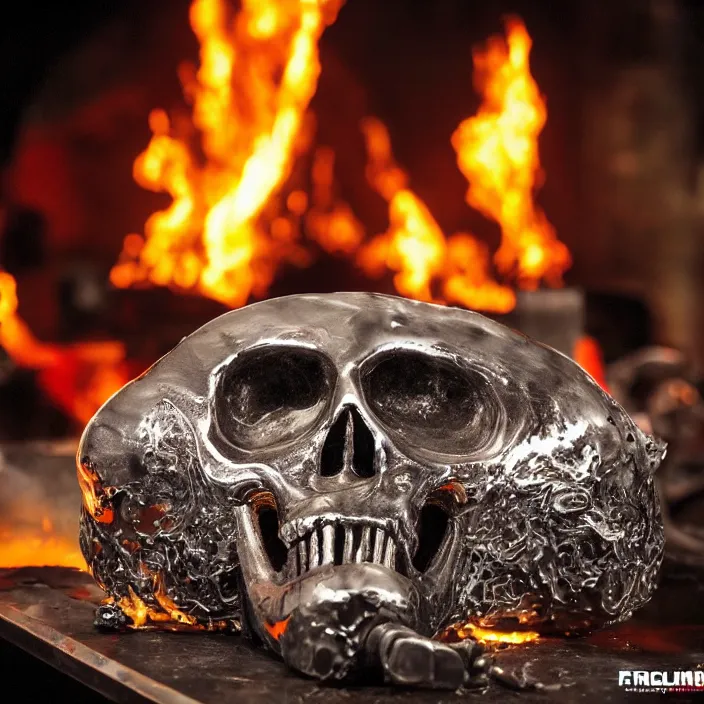 Image similar to wide angle shot of molten metal being poured into a mold in the shape of a punisher skull emblem. background is firey foundry. detailed, high art, intricate, artisan