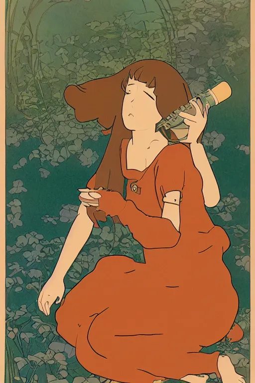 Prompt: a Girl in a sitting on the ground and Hands on knees and Slices of orange and microphones float around her ,Visual Communication Design by studio ghibli and mucha ,Refreshing colour