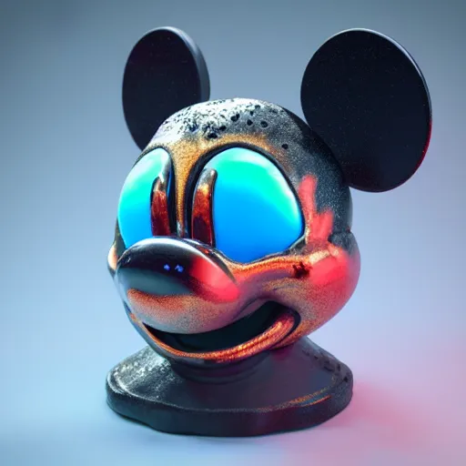 Prompt: counterfeit mickey mouse head, fractal, fractured broken, DMT dystopia, melting, wet, mycelium, radiant alien, rococo, baroque, automotive, bio-mechanical, porcelain, iridescent, sub surface scattering, octane render, unreal engine 5