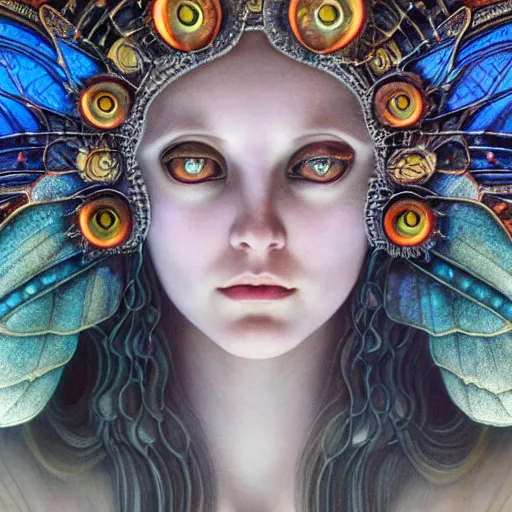 Image similar to beautiful closeup portrait of an art deco faerie queen, glowing eyes. reflective detailed textures, moth wings, highly detailed dark fantasy science fiction painting by tom bagshaw and michael whelan and diego rivera and annie swynnerton and jean delville and moebius and evelyn de morgan, elaborate geometric ornament, ancient runes, silver and cool colors. artstation