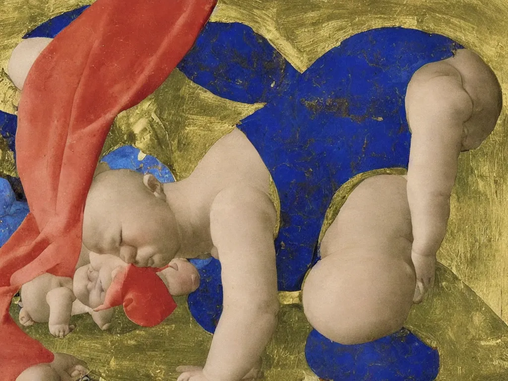 Prompt: close up of baby in a box. lapis lazuli, malachite, cinnabar, gold. painting by piero della francesca, balthus, agnes pelton