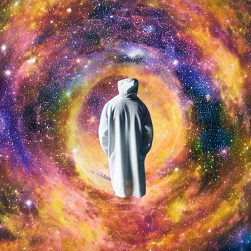 Image similar to guy with white hoodie levitates in the center of the galaxy painting