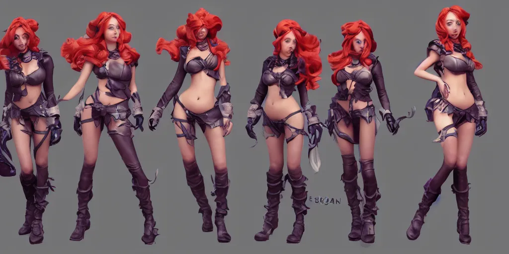 Prompt: Character sheet of prestige coven miss fortune (League of Legends). 3d render, octane render, game art, realistic, highly detailed, trending on artstation, 4k, trending on artstation, pixar, cgsociety, unreal engine 5, redshift render, trending on artstation, blender, behance, cg