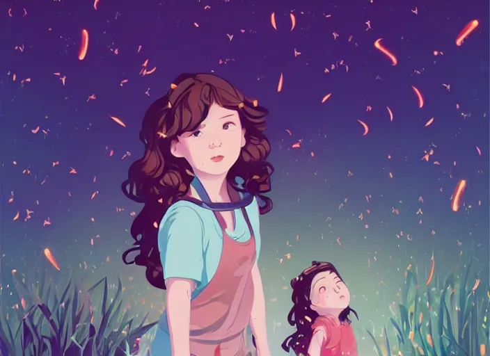 Image similar to little girl with short wavy curly light brown hair chasing fireflies in the woods. clean cel shaded vector art. shutterstock. behance hd by lois van baarle, artgerm, helen huang, by makoto shinkai and ilya kuvshinov, rossdraws, illustration, art by ilya kuvshinov