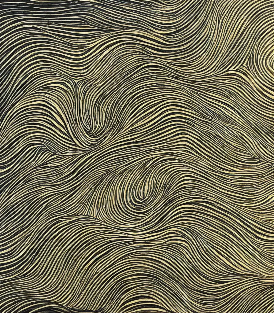 Image similar to a beautiful painting of symmetric waves on the coast, lineart, charcoal sketch, extremely fine finish, high detail, simple style, golden acrylic highlights