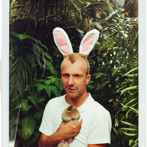 Image similar to grainy head to shoulder portrait Polaroid film photograph of a man wearing a bunny costume in a tropical greenhouse. looking at the camera!!. super resolution. Extremely detailed. Polaroid 600 film. by Annie Leibovitz and Richard Avedon