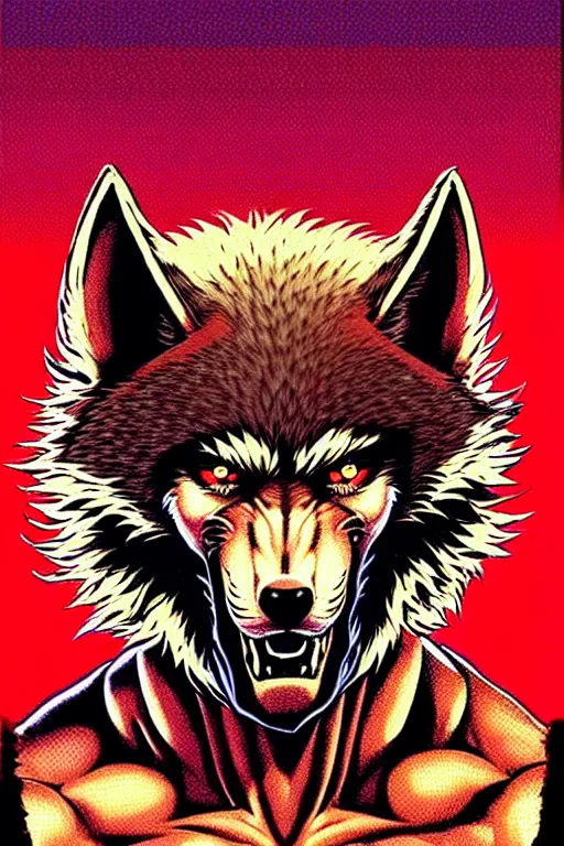 Image similar to extreme long shot. 8 bit nes graphics. 8 0's. vhs artefacts. antropomorphic muscular masculine wolf. kickboxer fighter, in shorts. wolf head. angry. fine details, very sharp, art from nes game cartridge, vaporwave style, marc simonetti and hermann nitsch and anish kapoor.