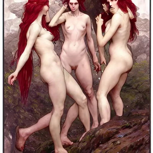 Image similar to an extremely detailed portrait of four polyamorous red haired succubuses dancing while hiding from a thunderstorm in a cave behind a waterfall, epic fantasy, viewed in profile from far away, sharp focus, detailed face, art by greg rutkowski and alphonse mucha, volumetric lighting, 4 k resolution, trending on artstation, masterpiece