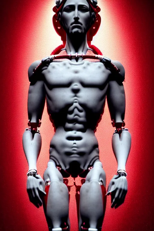 Image similar to a statue jesus on cross made of red marble with wires, tubes, veins, perfect symmetrical body, full body shot, inflateble shapes, white biomechanicaldetails, wearing epic bionic cyborg implants, masterpiece, intricate, biopunk, vogue, highly detailed, artstation, concept art, cyberpunk, octane render