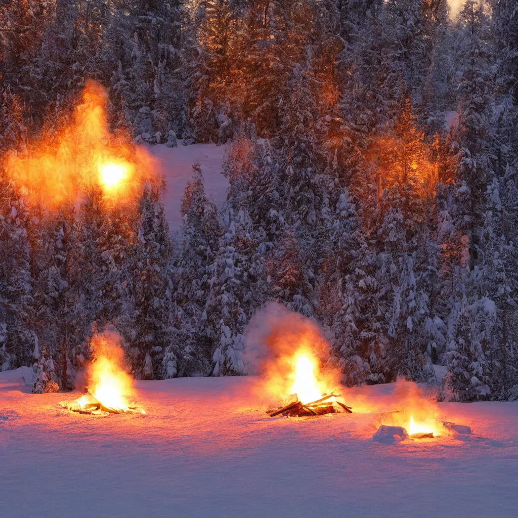 Prompt: a bonfire in the forest in winter, volumetric lighting, volumetric shadows