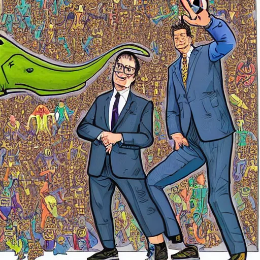 Prompt: detailed intricate colour illustration of businessmen in suits throwing up gang signs at a mecha dinosaur, in the style of Geof Darrow