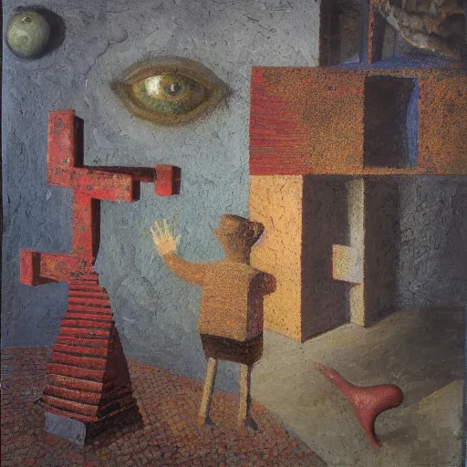 Image similar to a detailed, impasto painting by shaun tan and louise bourgeois of an abstract forgotten sculpture by ivan seal and the caretaker, alzheimer's