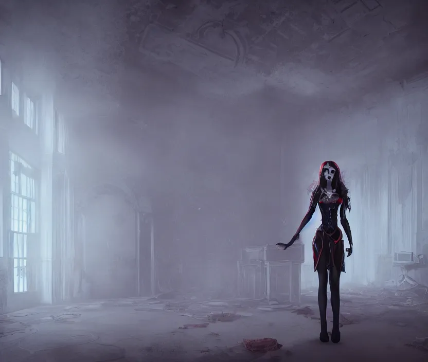 Image similar to imperial princess knight gothic girl standing on an abandoned hospital room with red ceiling lighting and several blue lights on the walls, gloomy and foggy atmosphere, octane render, artstation trending, horror scene, highly detailded