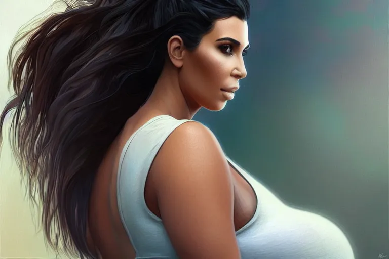 Prompt: pregnant kim kardashian in a white tank top leaning sat at a bus stop, realistic portrait, symmetrical, highly detailed, digital painting, artstation, concept art, smooth, sharp focus, illustration, cinematic lighting, art by artgerm and greg rutkowski and alphonse mucha