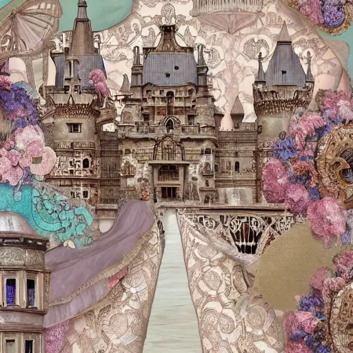 Prompt: an elaborate architecture castle along a river. people on a bridge. mixed media collage, victorian baroque embroidery rich fabric textures, shiny pastel tones. matte background. HD 8x