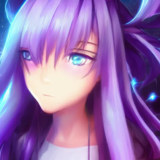 Prompt: render as a very beautiful 3d anime girl, long braided purple hair, azure blue eyes, full round face, short smile, casual clothes, unfocused milky way in background, cinematic lightning, medium shot, mid-shot, highly detailed, trending on Artstation, Unreal Engine 4k, cinematic wallpaper