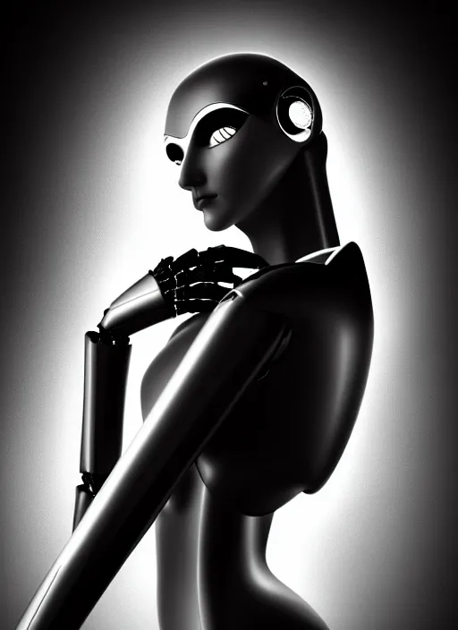 Image similar to surreal mythical dreamy dark artistic black and white fine art fashion portrait photo of a young beautiful delicate female metropolis robot loving the universe, spiritual, halo, glory, rim light, cinematic, studio dramatic light, poetic, masterpiece, octane render, 8 k, photo - realistic by william bouguereau man ray