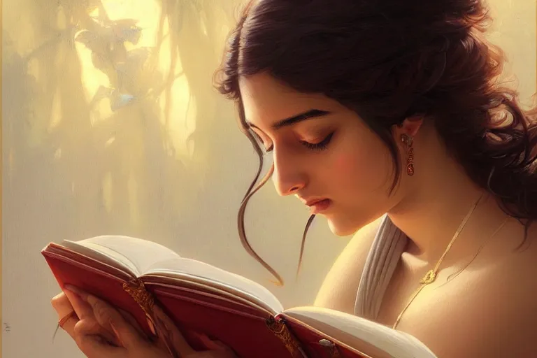 Image similar to sensual good looking pale young bengali girl with soulful eyes reading a novel, portrait, elegant, intricate, digital painting, artstation, concept art, smooth, sharp focus, illustration, art by artgerm and greg rutkowski and alphonse mucha