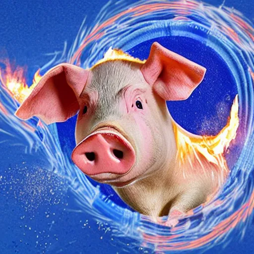 Prompt: pig throwing dollar bulls over a pool of blue fire