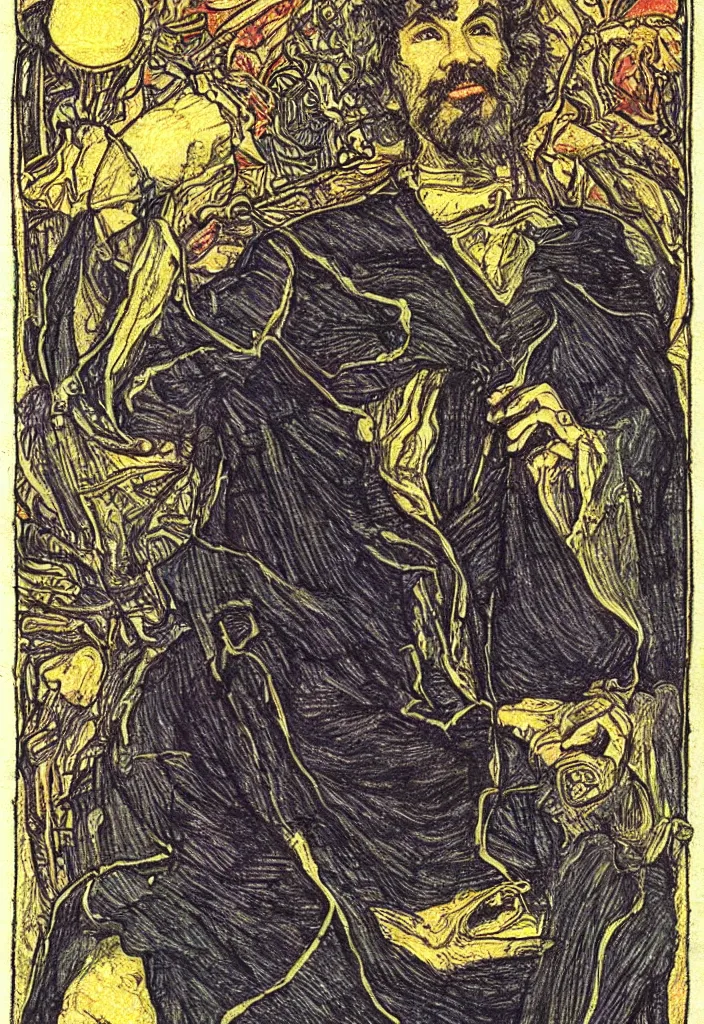 Image similar to Yoshua Bengio scientist drawn on the Tarot card. Illustration by preraphaelists.