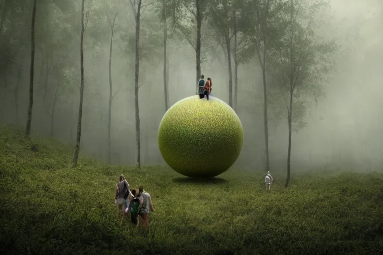 Prompt: tourists visiting a complex organic fractal 3 d ceramic sphere floating in a lush forest, foggy, cinematic shot, photo still from movie by denis villeneuve