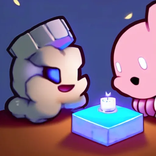 Image similar to kirby eating dinner with companion cube from the game portal, romantic, candlelight, realistic, photo