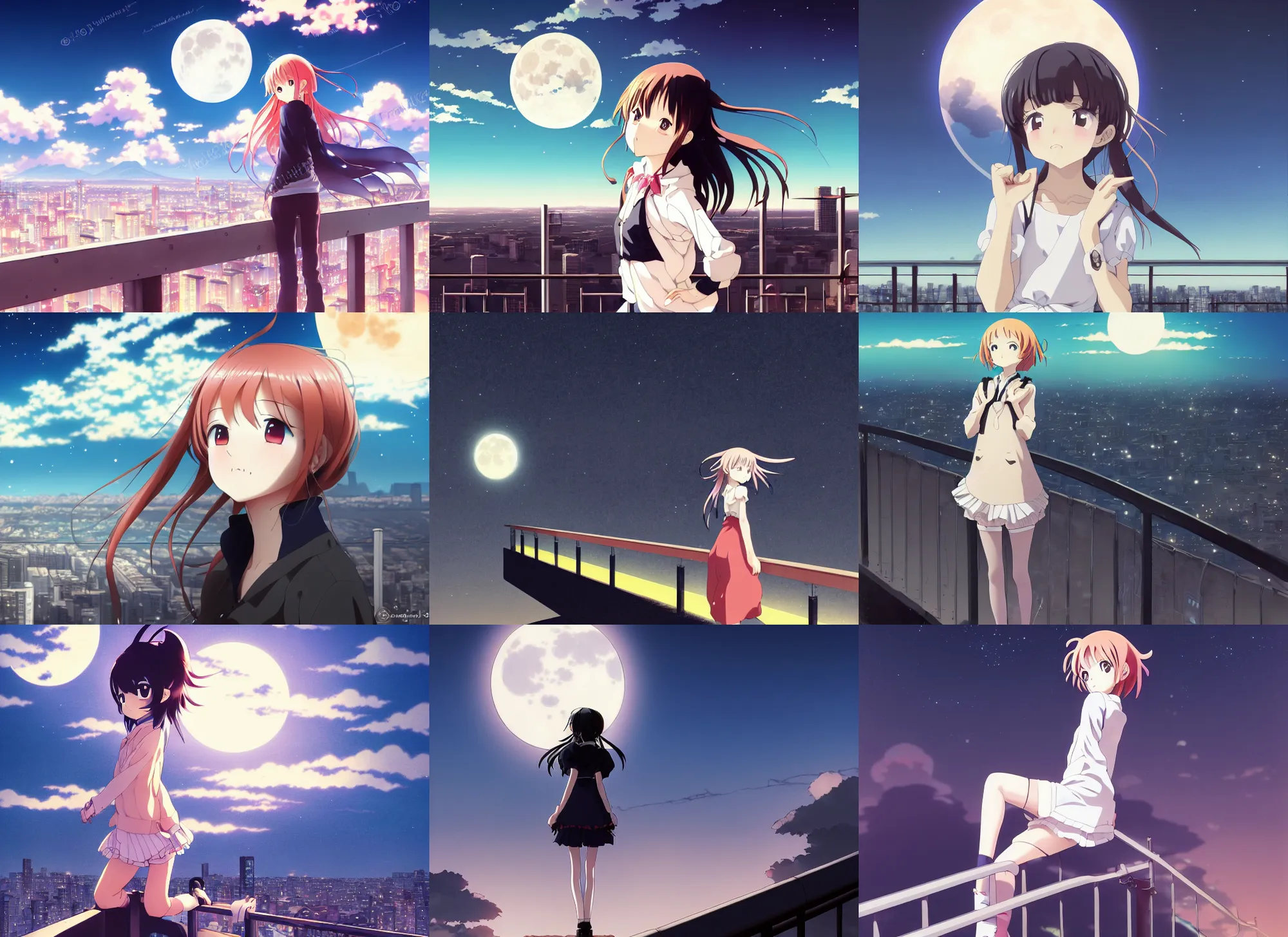 Prompt: anime visual, dark portrait of a young female sightseeing above the city, guardrail, moon, cute face by yoh yoshinari!!, katsura masakazu, dramatic lighting, dynamic pose, dynamic perspective, strong silhouette, ilya kuvshinov, anime cels, 1 8 mm lens, fstop of 8, rounded eyes, moody, detailed facial features