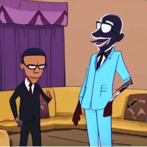 Prompt: a screenshot of Barack Obama meeting Walter White in Hazbin Hotel (2019)